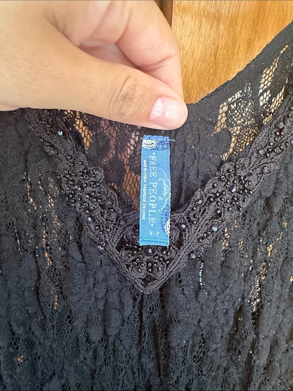 Free People Black Beaded Lace V-Neck Slip Dress